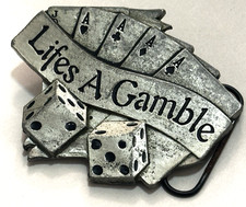 LIFES A GAMBLE BELT BUCKLE ACES SEVENS MOBTOWN PEWTER US MADE NEW