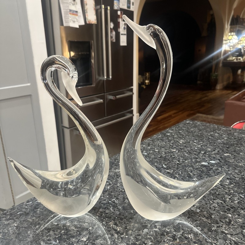 Vintage Signed Murano 14.5” 17.5” Glass Swan Sculptures Frosted Bills Panels MCM