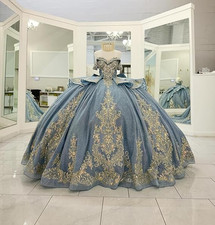 Sparkly Gold Appliques Quinceanera Dresses with Bow Off Shoulder Ball Gown Puffy