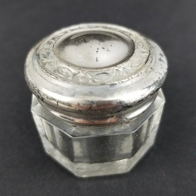 antique Sterling Silver Top lid small clear Glass Vanity Ink Dresser small Jar
