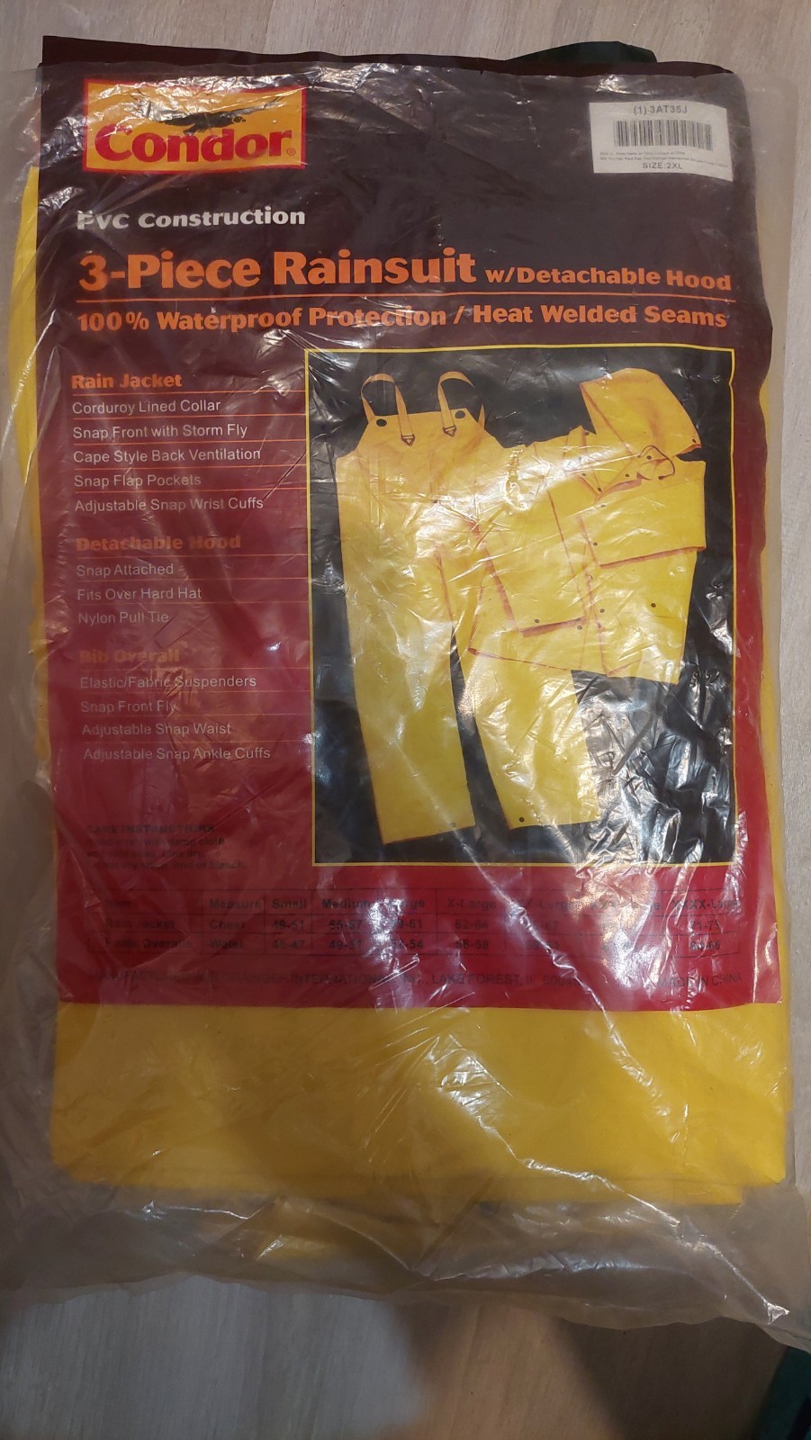 Condor 3-Piece Rainsuit PVC Construction Yellow 2XL Waterproof Protection