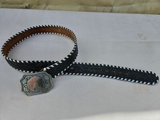 Vtg Black Leather Tooled Belt Acorns Leaves Metallic Trim On Edges 34/85, 40"