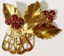 broche bijou vintage feuille relief cristal rouge rubis couleur or * 4751