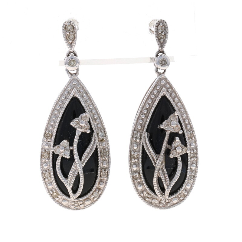 White Gold Onyx & Diamond Dangle Earrings - 10k Flowers Teardrop Pierced