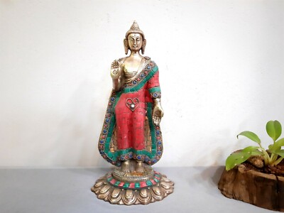 Indian Brass Standing Buddha Statue with an overlay of semi precious mosaic ston