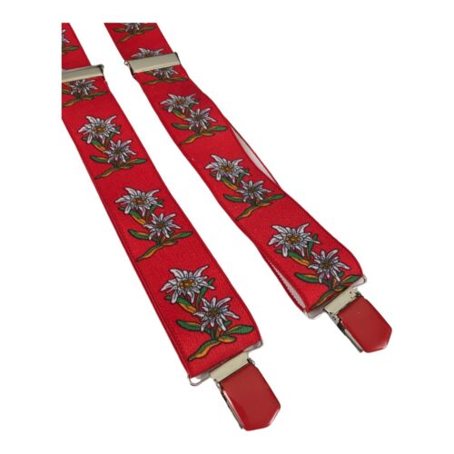 Men's Braces Suspenders Red Floral Thick Y-Shape Adjustable 3-Clip Vintage  - Picture 1 of 8