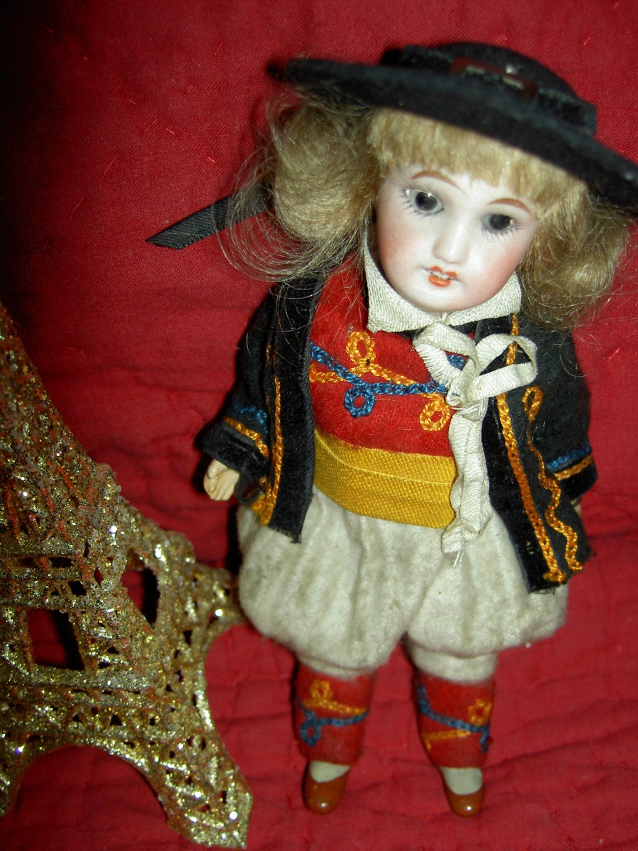Antique bisque UNIS France 301 boy dollhouse size doll, orig
