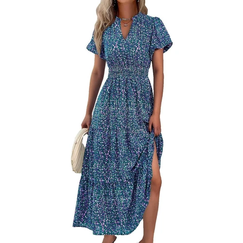 Womens Floral Boho Summer Midi Dress Ladies Short Sleeve V Neck Beach Sundress - Afbeelding 8 van 41