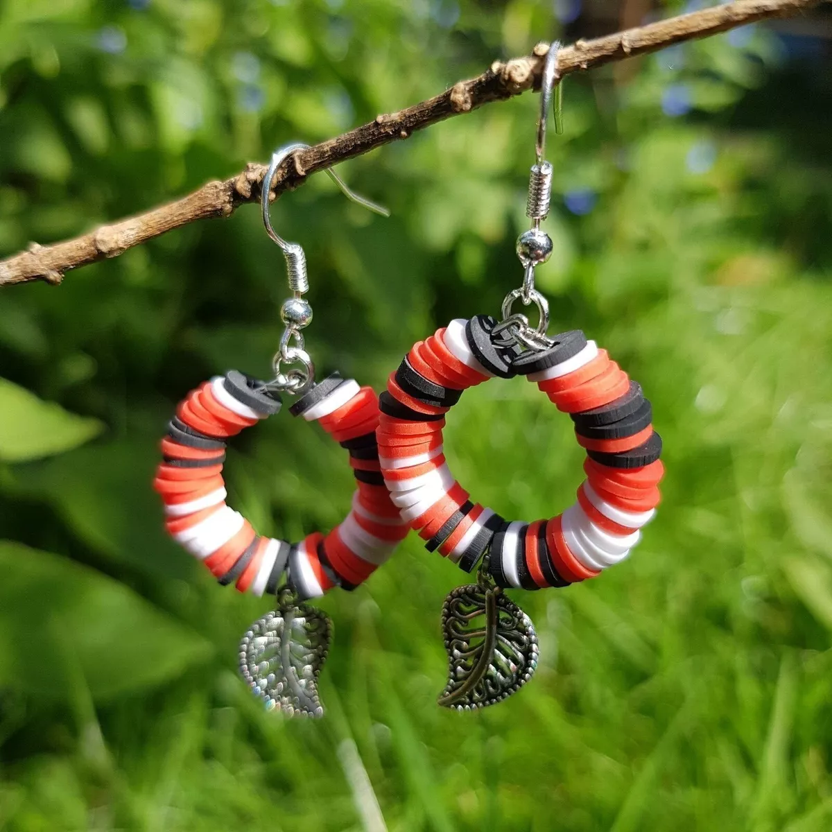 Handmade Polymer Clay Beads Discs Hoop Drop Earrings With Leaf Charm Pendant