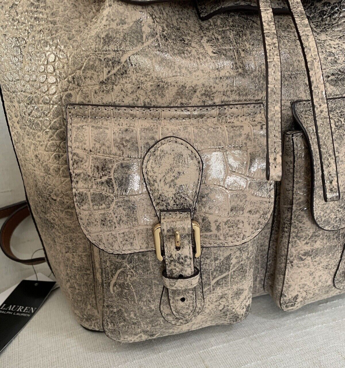 RALPH LAUREN BAG BACKPACK Croc Embossed Leather Tan Olive  display picture 2