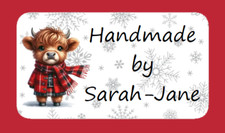 Baby Highland Cow Handmade by Personalised Christmas Mini Stickers label Tartan