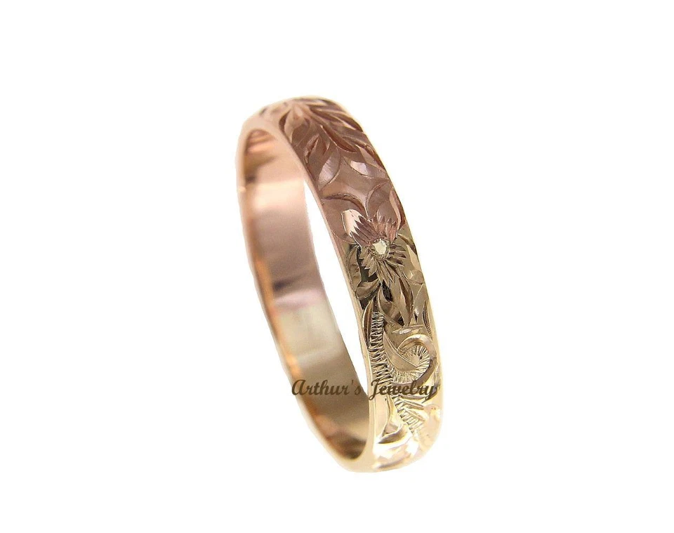 14K YELLOW ROSE GOLD CUSTOM HAND ENGRAVED HAWAIIAN SCROLL MAILE RING 4MM - Image 4 of 4