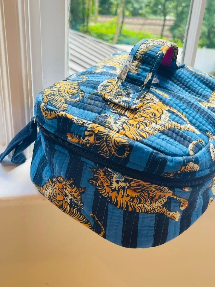 Bolsa de aseo con estampado de bloques de mano de tigre de algodón indio bolsa de maquillaje regalo para ella Foto 4 de 4