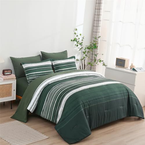 7 Piece Bed in a Bag Stripe Comforter Set Queen Queen(7 Piece Set) Dark Green