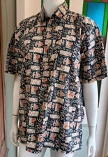 ANDY MOHAN Hawaiian Shirt Sz L NAVY BROWN Made Hawaii Tribal Half Placket Vintag