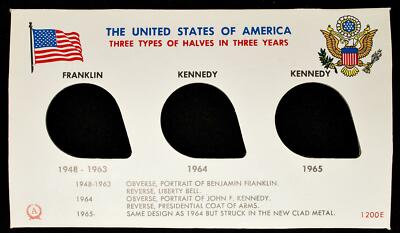 U.S. Three Types Of Half Dollars 1963 1964 1965 3 Coin Frame-Up Card ANCO