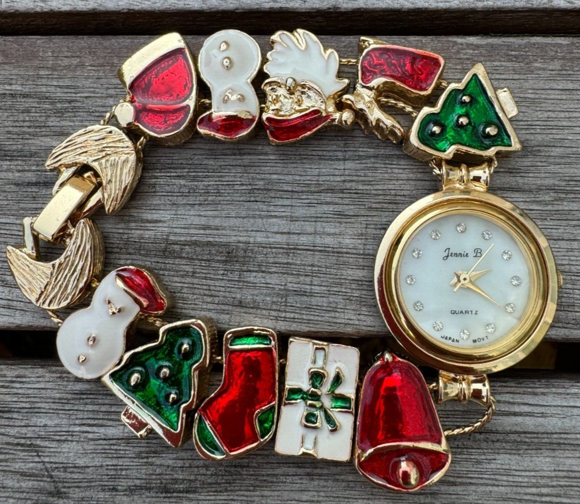 Vintage WORKS Jennie B Enamel Christmas Slide Quartz Women Ladies