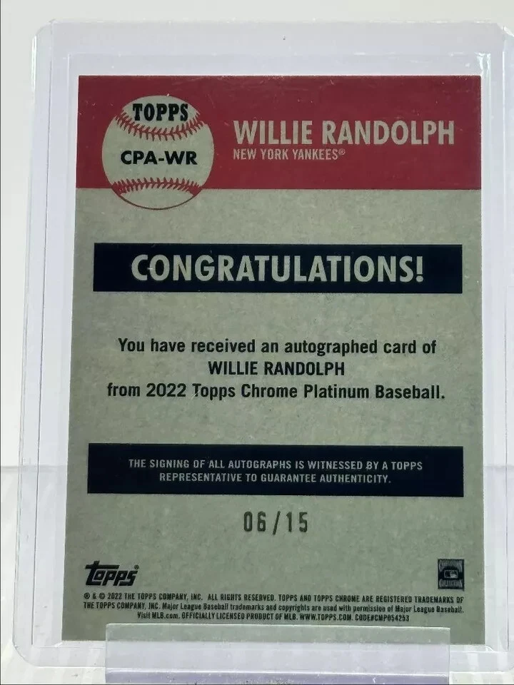 WILLIE RANDOLPH 2022 TOPPS CHROME PLATINUM PINK REFRACTOR AUTO 06/15 - Image 2 of 2