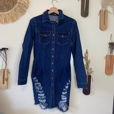 Fashion Nova Distressed Dark Wash Denim Dress NWT Size L