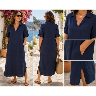 Haven Well Within Linen Navy Maxi Dress L Collared Pockets Coastal Minimalist