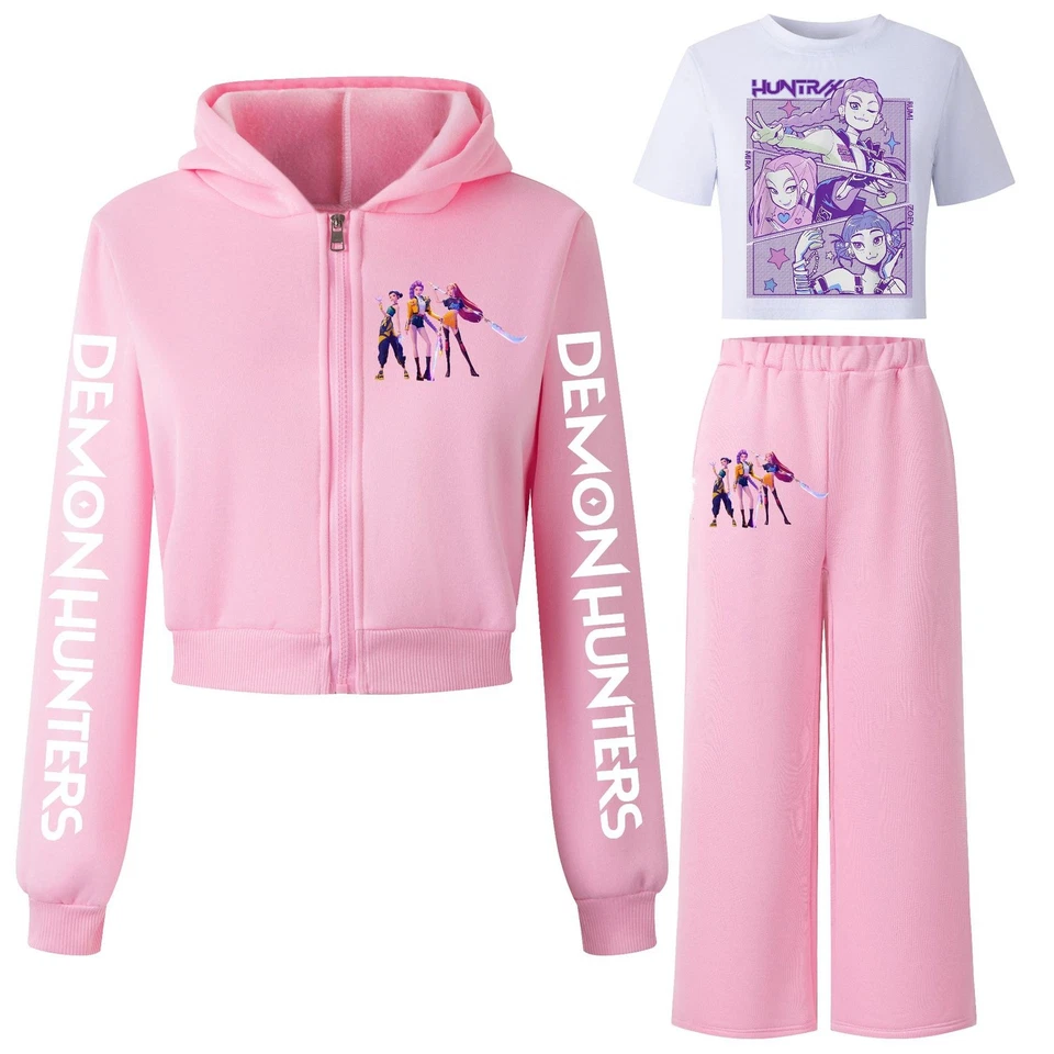 3PCS Kids Demon Hunters Fleece Costume Set With Hoodie Jacket+TShirt+Pants - Image 4 of 4