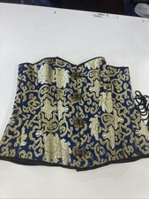 Corset Story Blue Gold Brocade Overbust Uk XL Cosplay Steampunk Hooks Bow