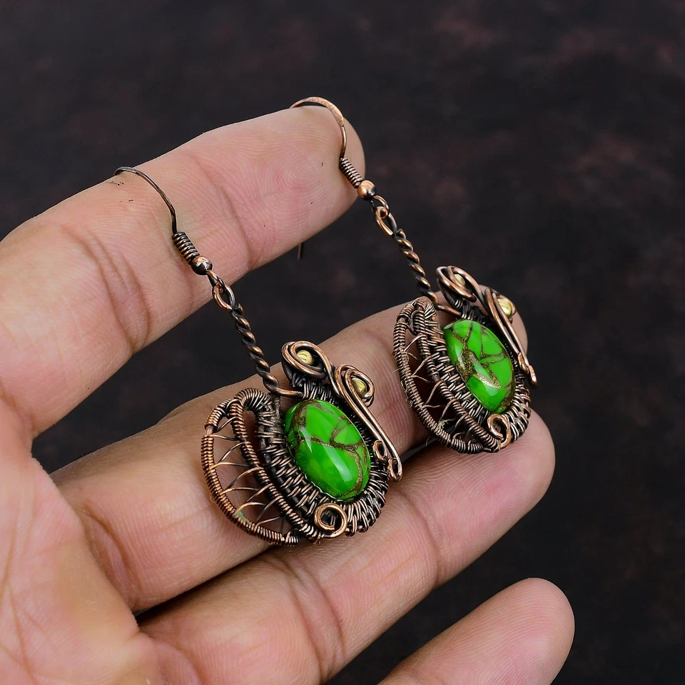 Copper Copper Green Turquoise Stone Wire Wrapped Dangle Drop Earrings Jewelry - Image 4 of 4