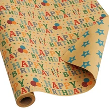 Kraft Birthday Wrapping Paper Roll for Boys Girls Kids Men Women - Reversible...