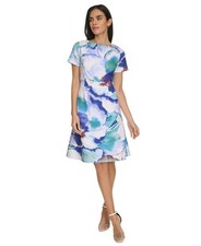 Calvin Klein Womens Printed Boat-Neck A-Line Opal Multi, 6
