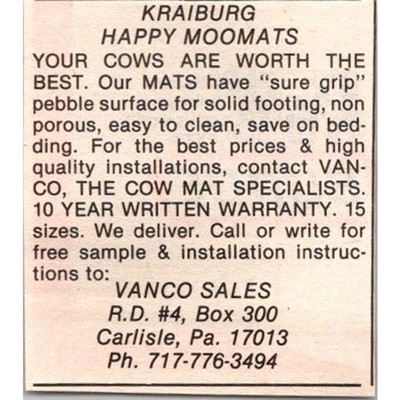 Vanco Sales Kraiburg Happy Moomats Carlisle PA 1982 Clipping SAI8-7