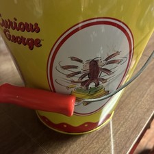 Vintage Curious George Schylling Tin Pail Sand Bucket Red Wooden Handle 7 Tall