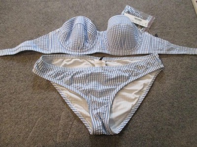 J.Crew Bikini Set Womens 32C S Blue White Stripe Strapless Underwire Padded