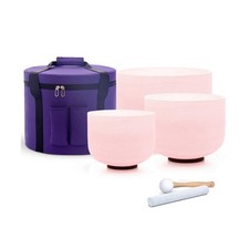 Set of 3 Pink Color Singing Bowls 8"G 10"E 12"C Frosted Chakra Quartz Sound H...