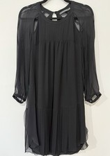Arthur Galan Dress 12AU Black Pleated Chiffon Cocktail Evening Shift 3/4 Sleeve