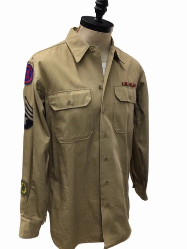 Vintage WWII Army Shirt W/ Patches Long Sleeve Button-Front Military Decoratives