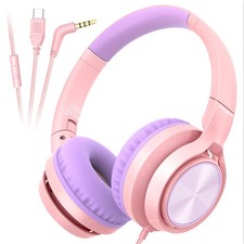 Kids Headphones School Travel USB Type C Safe Volume 94dB Mic Foldable Pink
