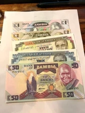 Lot/5 PCS Set/Zambia 1 -2-5-10-50 Kwacha Banknotes/All CU #1608