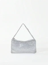 Silver Sparkly Faux Diamond Plastic Clutch Bag With Zipper Handbag