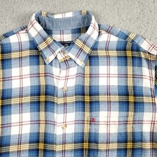 Izod Stratton Flannel Shirt Mens Medium Plaid Blue Yellow Casual Trendy Heritage
