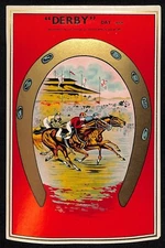 Derby Day Fabric Label Horse Racing South Africa Gilt Horseshoe Scarce c1940's