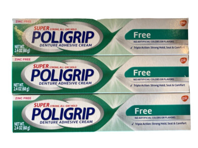 Super POLIGRIP Denture CREAM Zinc, Flavor & Color FREE 2.4oz ( 3 pack ) green /