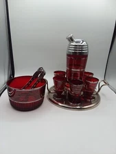 Art Deco, Paden City Glass, Cocktail Shaker Set In Ruby Red Glass W/Silver Bands