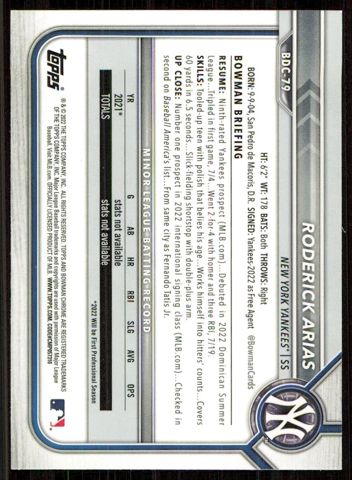 2022 Bowman Chrome Draft #BDC79 Roderick Arias - Image 2 of 2
