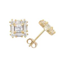 14K Solid Gold CZ Princess Cut CZ Baguettes Cluster Stud Push Back Earrings Gift