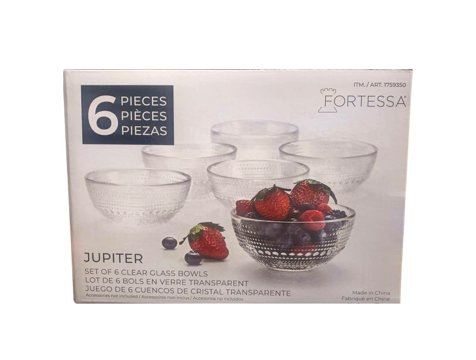 Fortessa Jupiter Clear Beaded Glass Bowl Set 6 Pieces Dishwasher Safe 13.5 oz