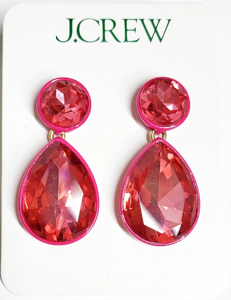 J.Crew Sparkly Double Drop Earrings Vibrant Fuchsia Gold Plated Brass BQ556 New - Image 2 of 4
