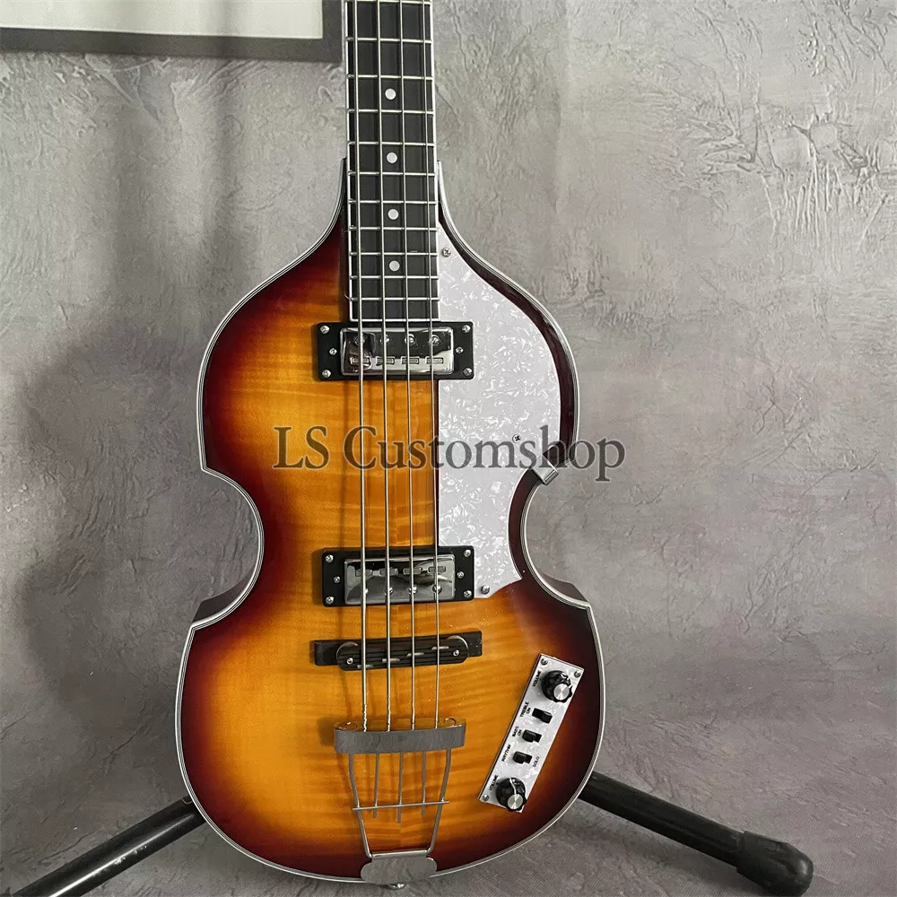 Vintage Sunburst Violin Shaped Bass Hollow Body Guitar Flamed