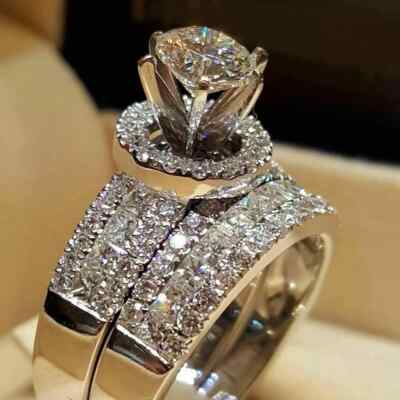 Ladies Wedding Bridal Ring Set Round moissanite 14K White Gold Finish