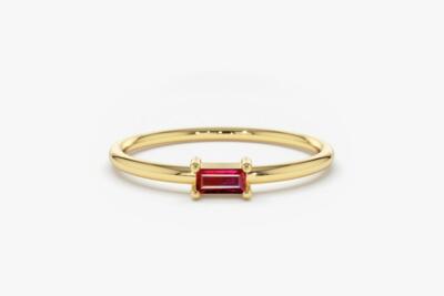Solitär natürlicher Rubin Goldring Baguette Schliff 0,13ct Geburtsstein 14K 585e