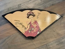 Vintage Japanese Geisha wooden fan-shaped wall art design 18" x 9" x 1"